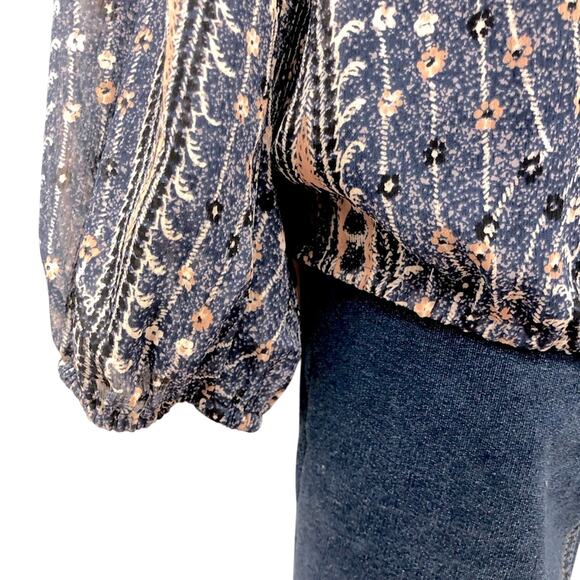 Lucky Brand Blue Pink Paisley Long Sleeve Popover Top Elastic Waist Tassel Ties - Picture 5 of 16